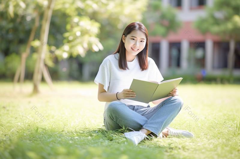 坐在校园草坪上看书的女学生,高清,摄影图,摄影图片,图片大全,摄影图免费下载